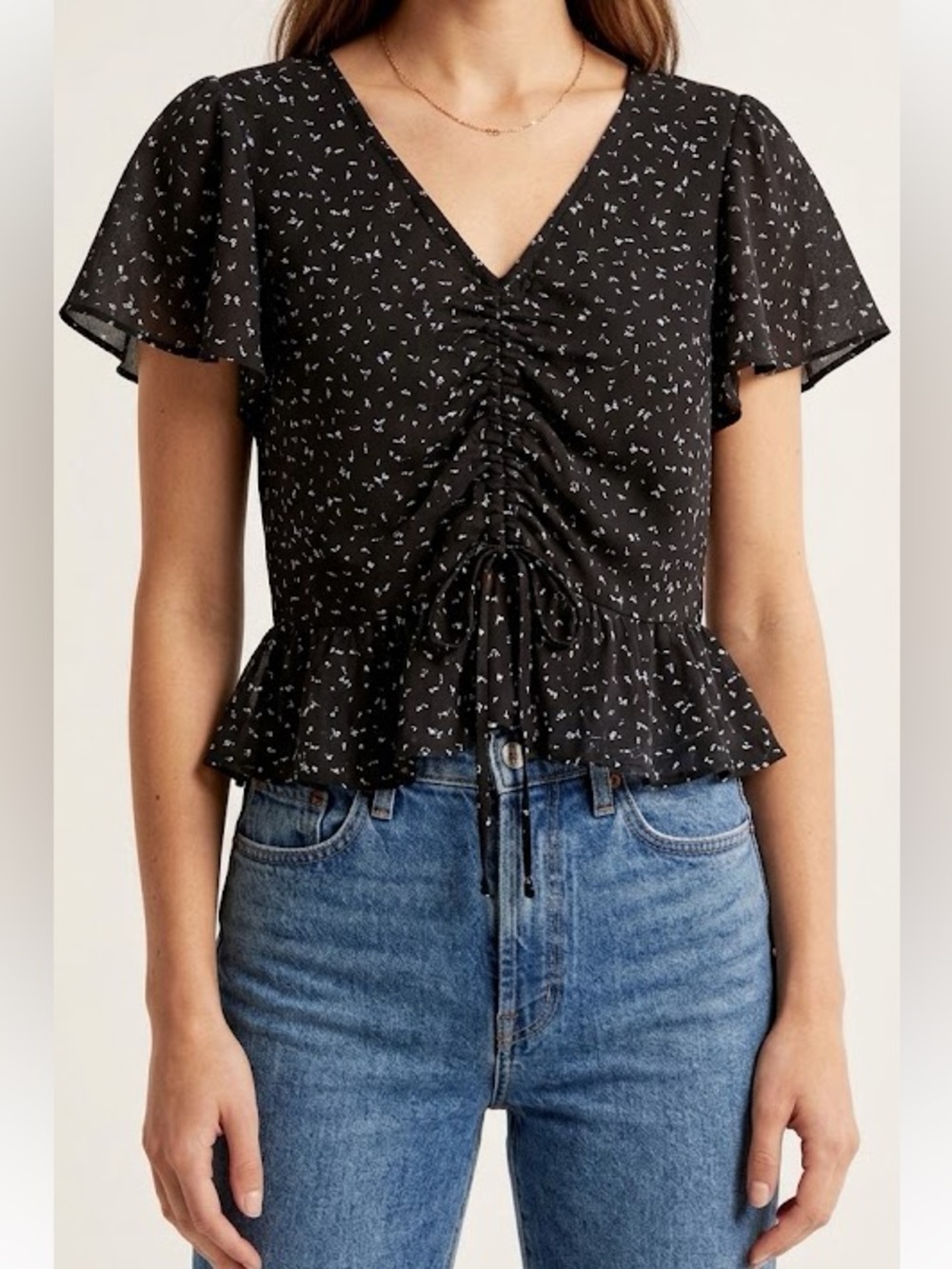 Dizzy Lizzy Floral Ruched Front Tie Flutter Sleeve Cropped Top Size Large